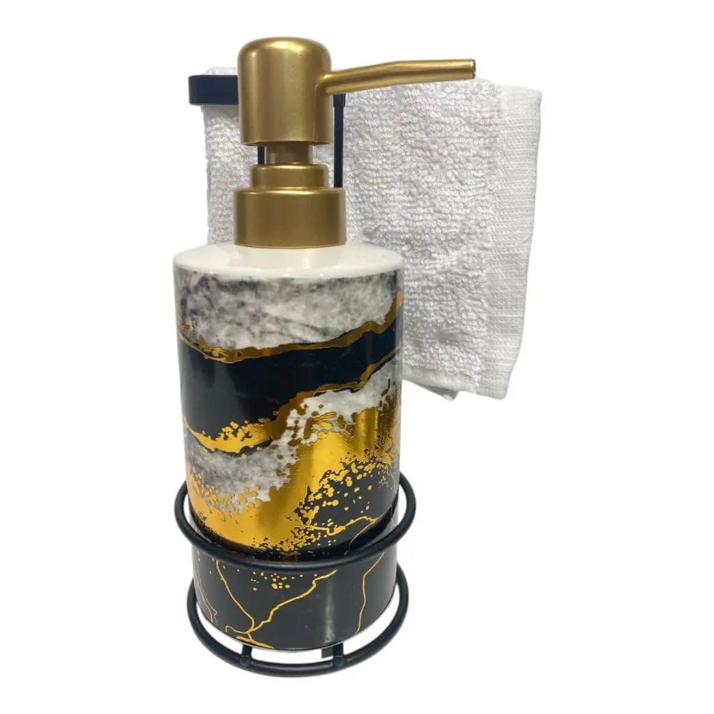 DISPENSADOR DE JABON CON BASE Y TOALLA 8X14CM