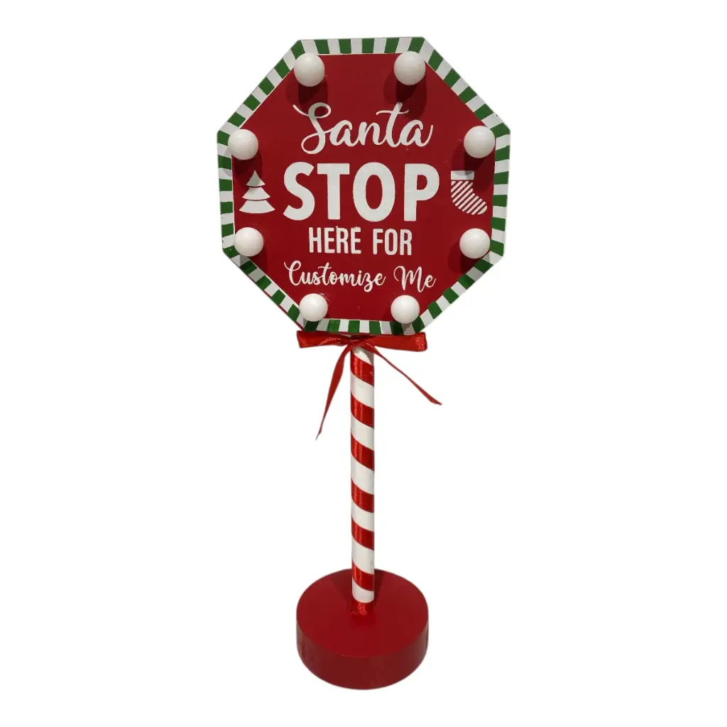 LETRERO NAVIDEÑO MADERA CON LUZ LED A PILAS "SANTA STOP HERE" 15X34CM