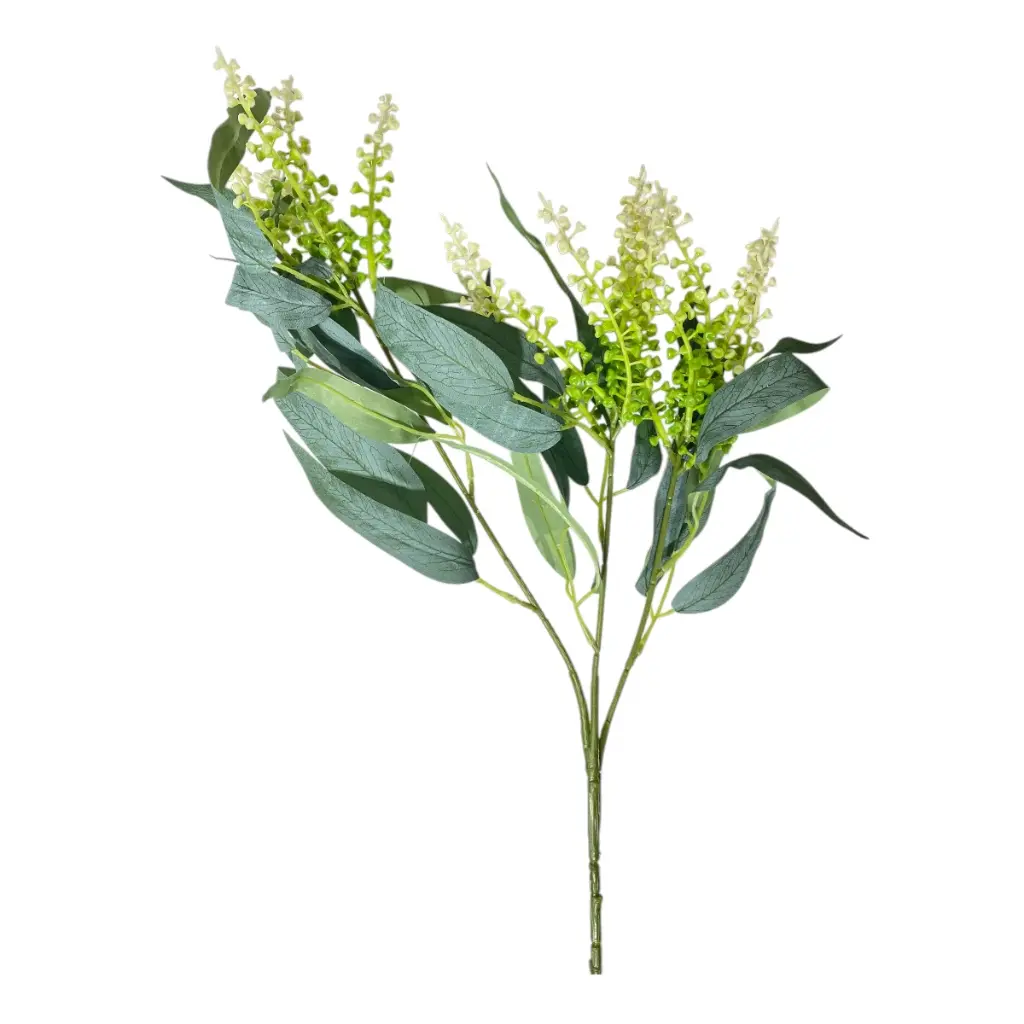 RAMA ARTIFICIAL HOJAS DE EUCALIPTO CON INFLORESCENCIA VERDE 90CM