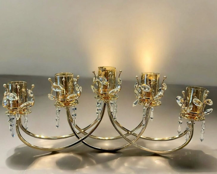 CANDELABRO DORADO X5 METAL Y VIDRIO 70X20CM
