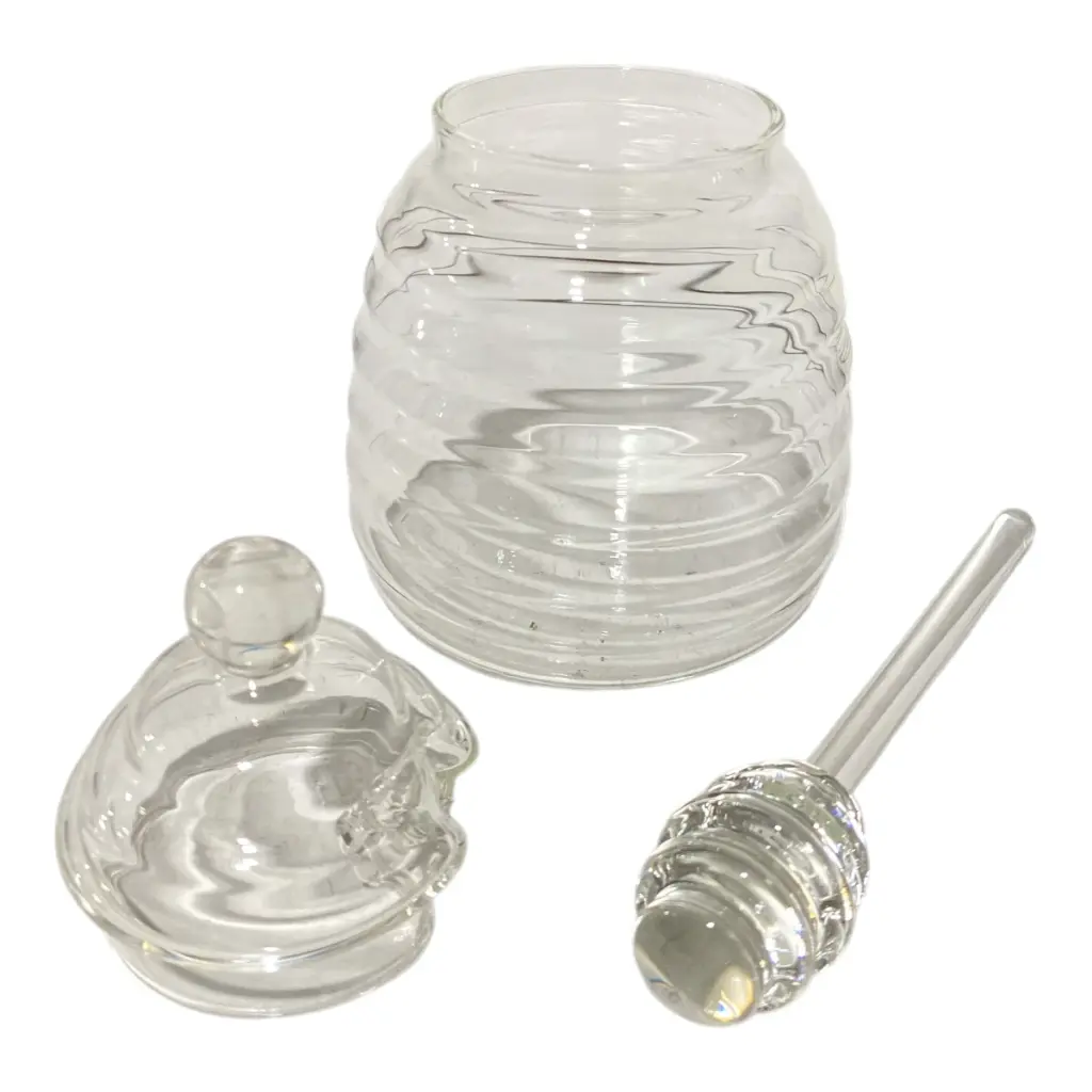 FRASCO PARA MIEL DE VIDRIO CON TAPA Y MIELERO 14X19CM