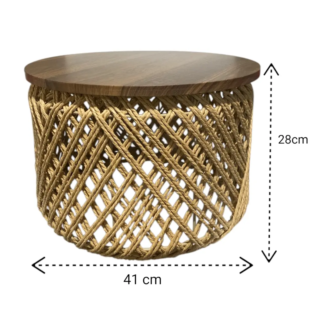 SET DE 3 MESAS METALICAS TEJIDAS DE FIBRA NATURAL Y BASE MADERA REF:PT151-028 41X28CM, 55X33CM, 70X38CM