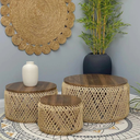 SET DE 3 MESAS METALICAS TEJIDAS DE FIBRA NATURAL Y BASE MADERA REF:PT151-028 41X28CM, 55X33CM, 70X38CM