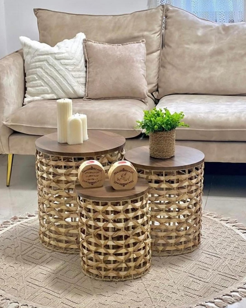 SET DE 3 MESAS TEJIDO NATURAL CON TAPA MADERA Y ESTRUCTURA DE HIERRO REF:PT151-029 30X39CM, 35X44CM, 40X48CM 