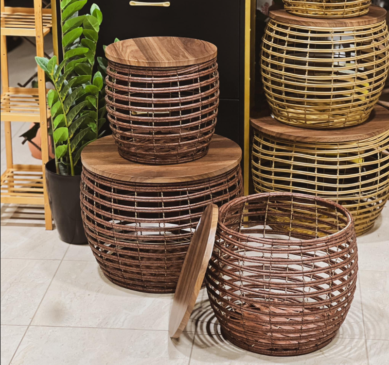 MESAS CAFE REDONDA TEJIDO NATURAL SETX3, PT151-031. 30X30CM, 35X35CM, 45X38CM
