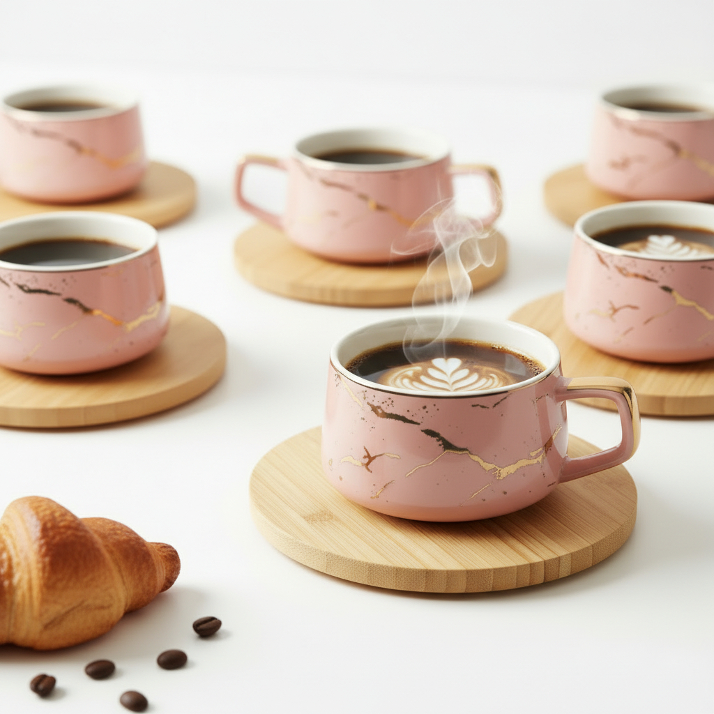 SETX6 DE TAZA CERAM 8.5X4 CM C/PLATO BAMBU 11CM 