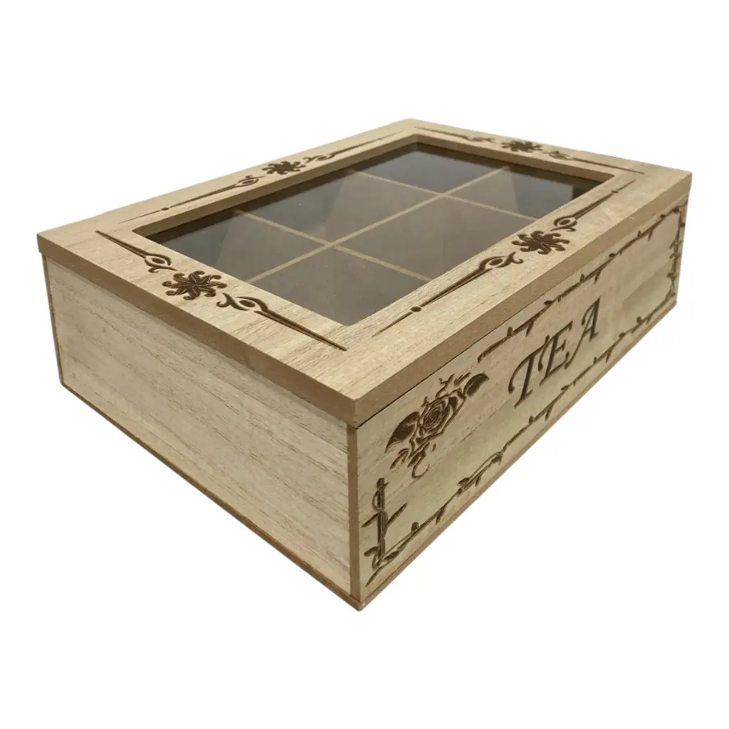 CAJA PARA TE DE MADERA/VIDRIO 18X18X7CM