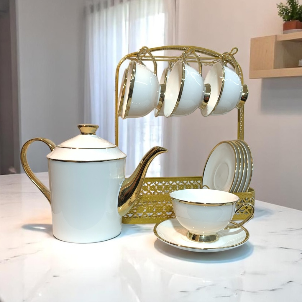 SET DE TETERA 14PZ. TAZA Y PLATOS. TETERA 1200ML (25.5X21CM), TAZA 230ML(12X7.5CM), PLATO(15CM)