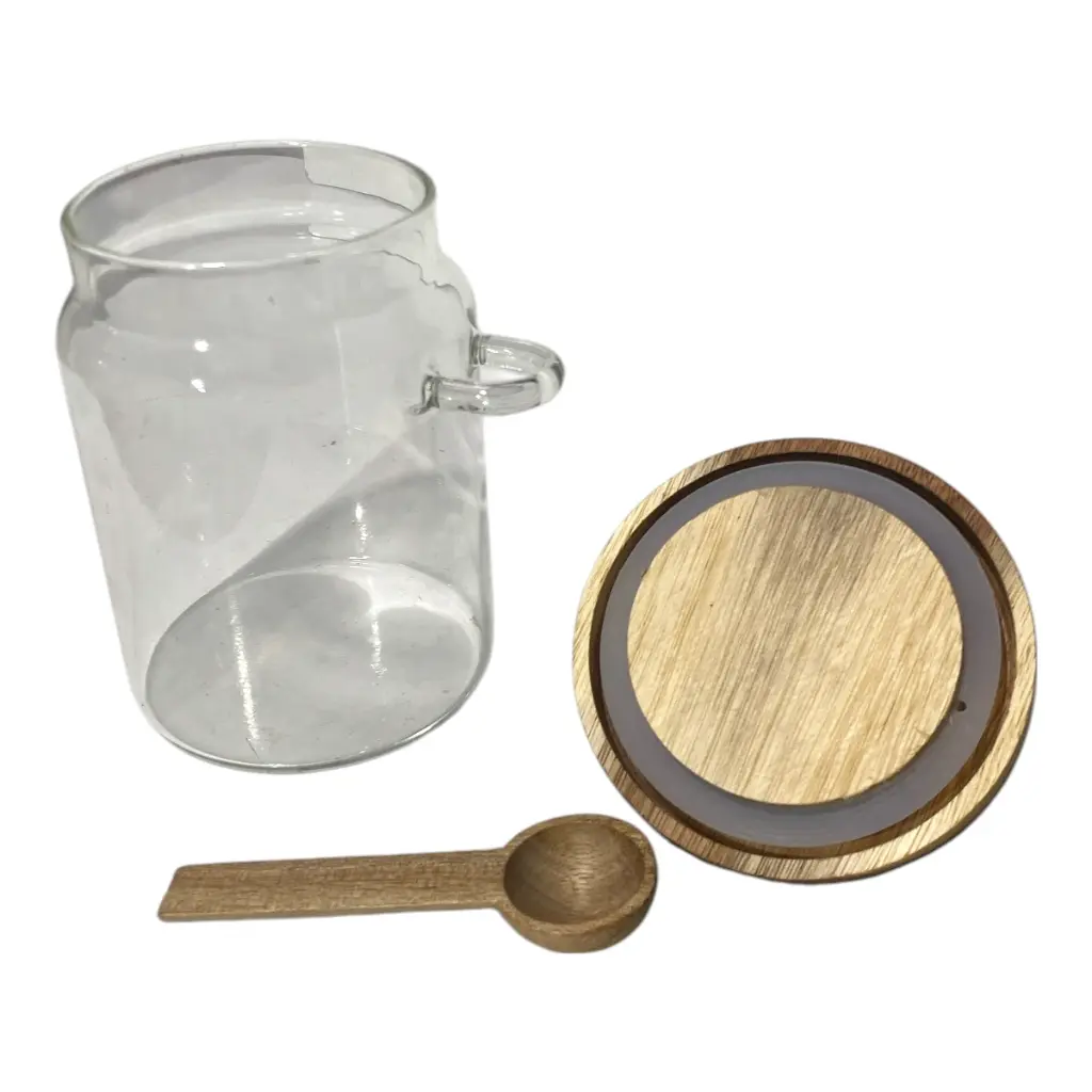 FRASCO DE VIDRIO MEDIANO CON TAPA DE MADERA Y CUCHARA Ø9X16CM