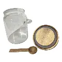 FRASCO DE VIDRIO MEDIANO CON TAPA DE MADERA Y CUCHARA Ø9X16CM