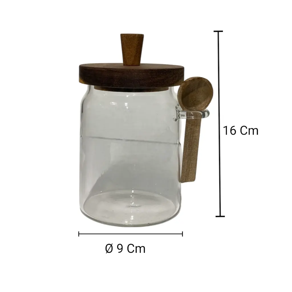 FRASCO DE VIDRIO MEDIANO CON TAPA DE MADERA Y CUCHARA Ø9X16CM
