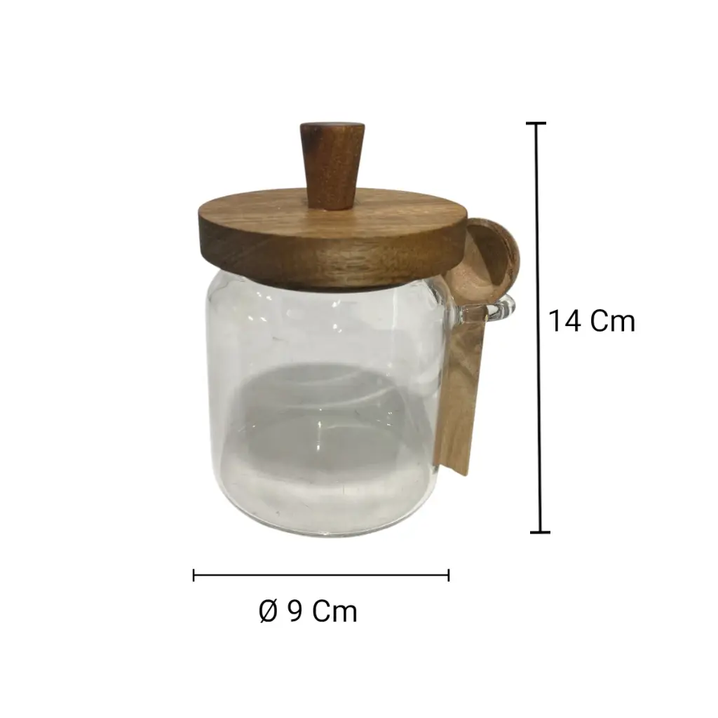 FRASCO DE VIDRIO MEDIANO CON TAPA DE MADERA Y CUCHARA Ø9X16CM