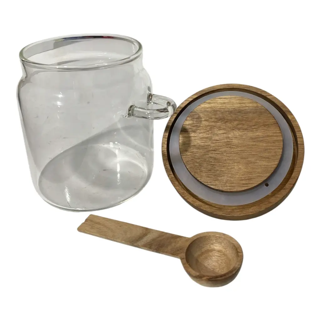 FRASCO DE VIDRIO MEDIANO CON TAPA DE MADERA Y CUCHARA Ø9X16CM
