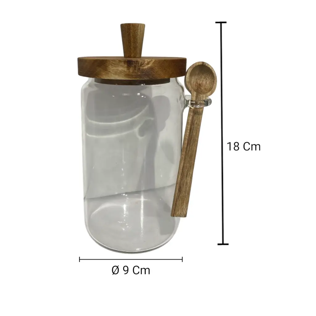FRASCO DE VIDRIO MEDIANO CON TAPA DE MADERA Y CUCHARA Ø9X16CM