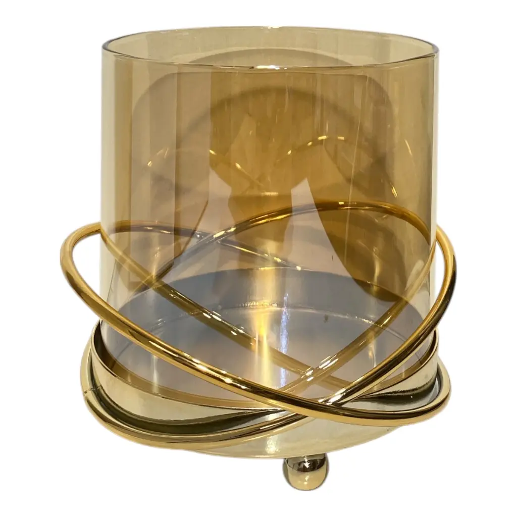 CANDELABRO DE VIDRIO AMBAR CON BASE DE HIERRO DORADA 11X12CM