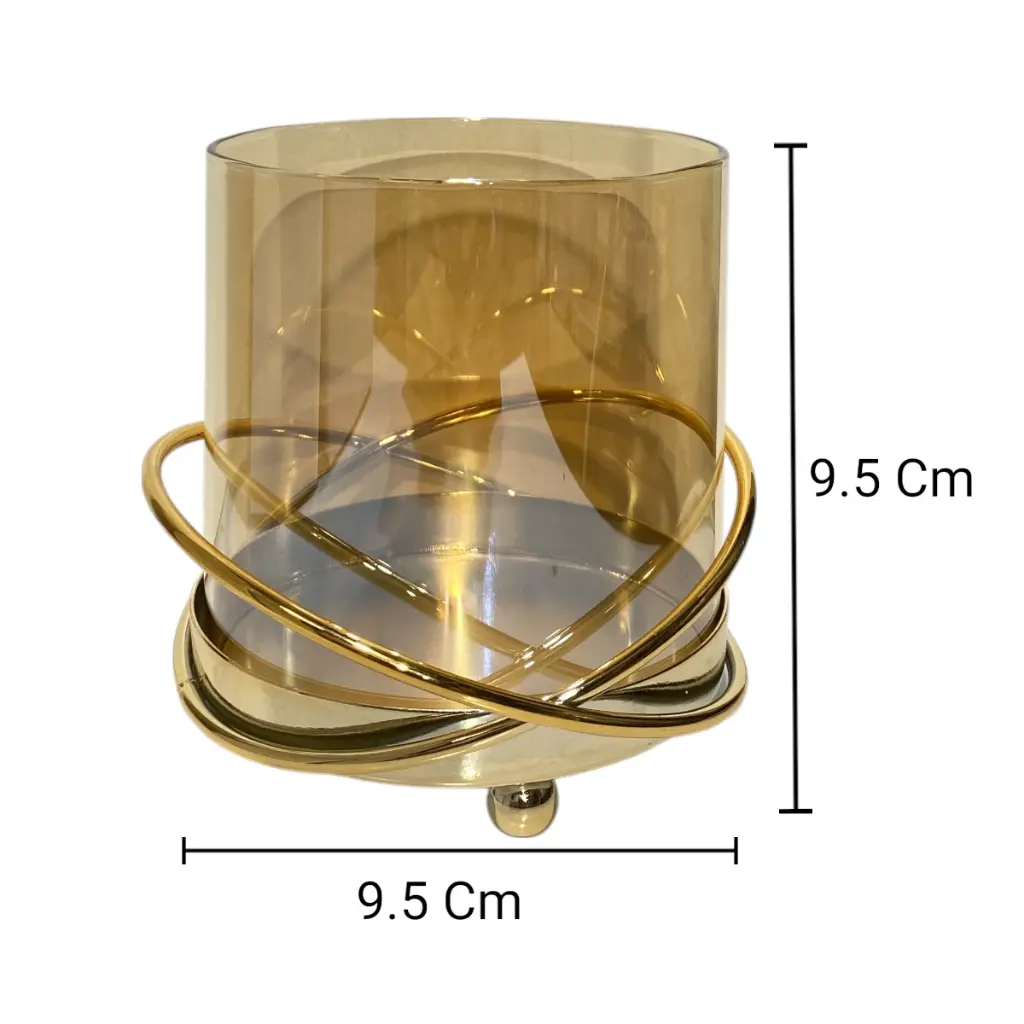 CANDELABRO DE VIDRIO AMBAR CON BASE DE HIERRO DORADA 11X12CM