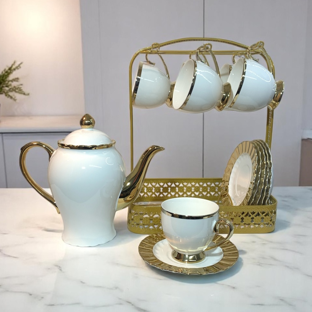 SET DE TETERA 14PZ. TAZA Y PLATOS. TETERA 1200ML (25.5X21CM), TAZA 230ML(12X7.5CM), PLATO(15CM)