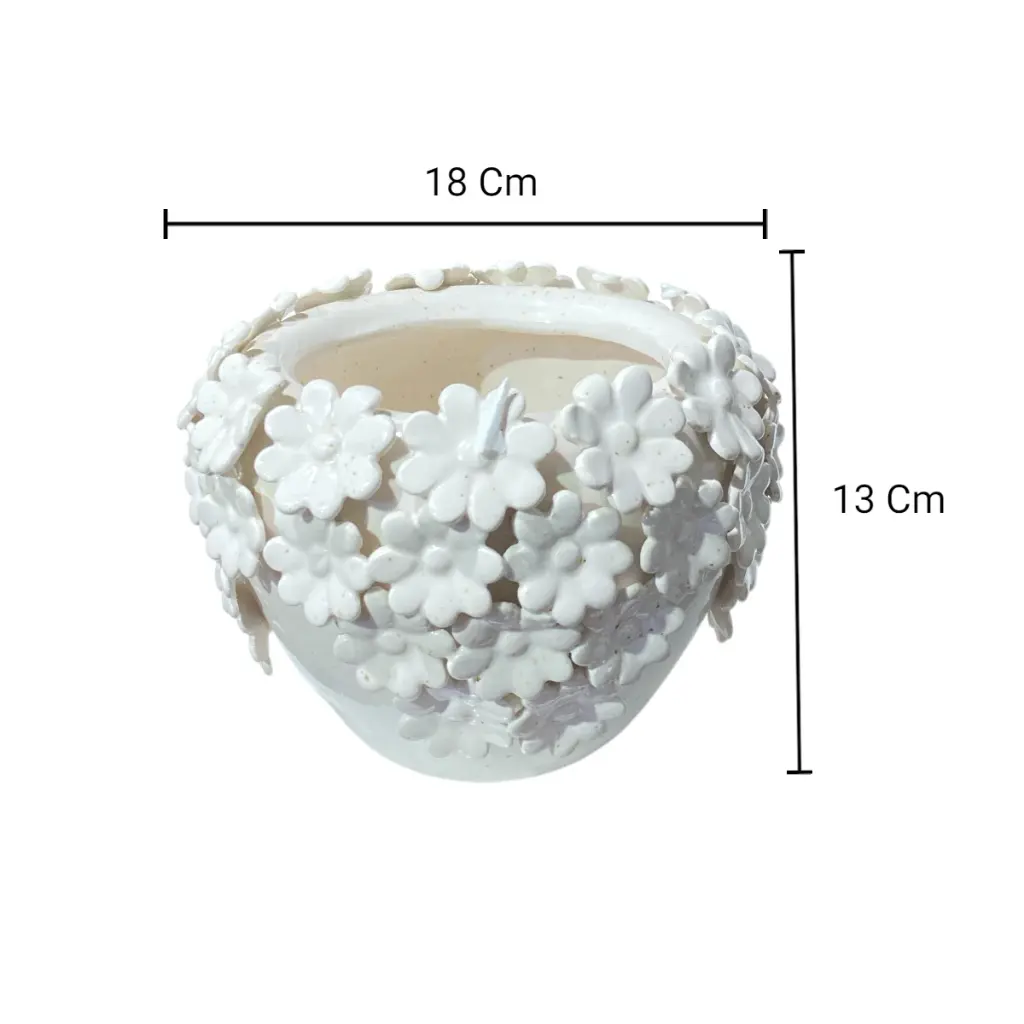 FLORERO DECORADO CON FLORES DE PORCELANA, Ø18X13CM