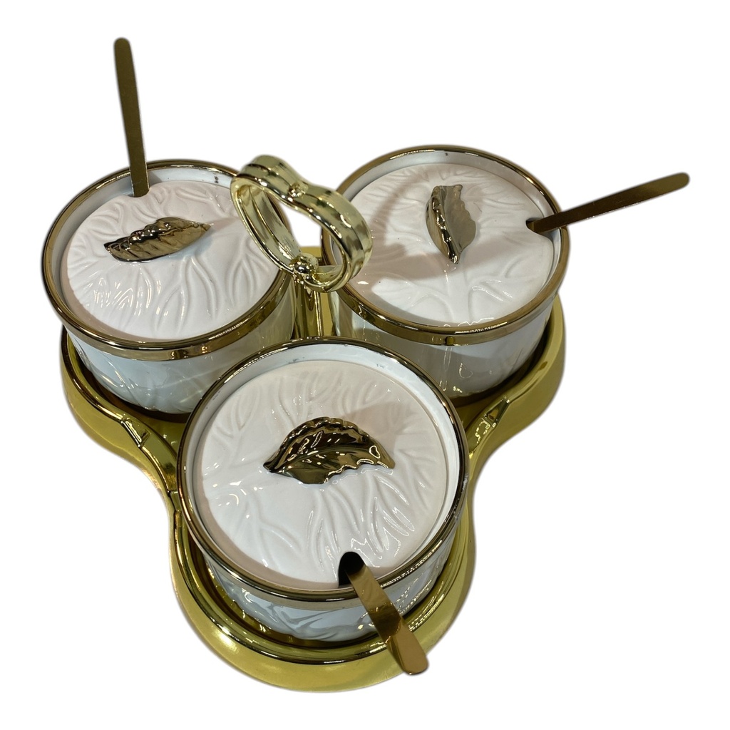 SET DE 3 PORTA SALSAS PORCELANA CON BASE DE PVC 22X22X14CM