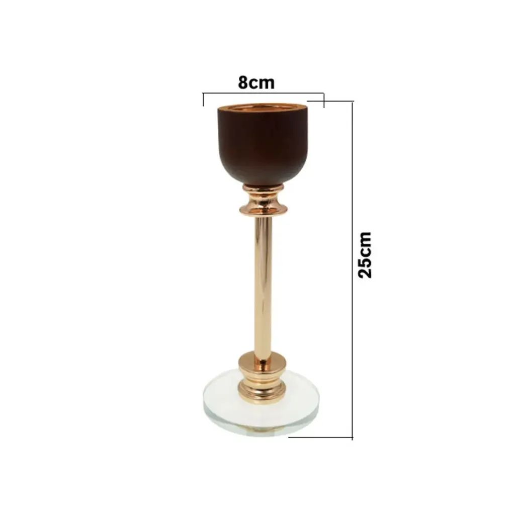 CANDELABRO METALICO/MADERA DORADO, BASE DE VIDRIO,REF:ES28778 8X27CM