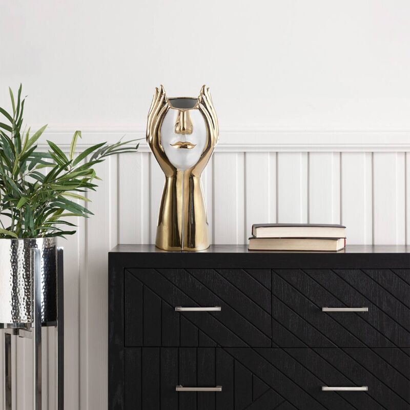 FLORERO PORCELANA DORADO/BLANCO ROSTRO Ø19X38CM 