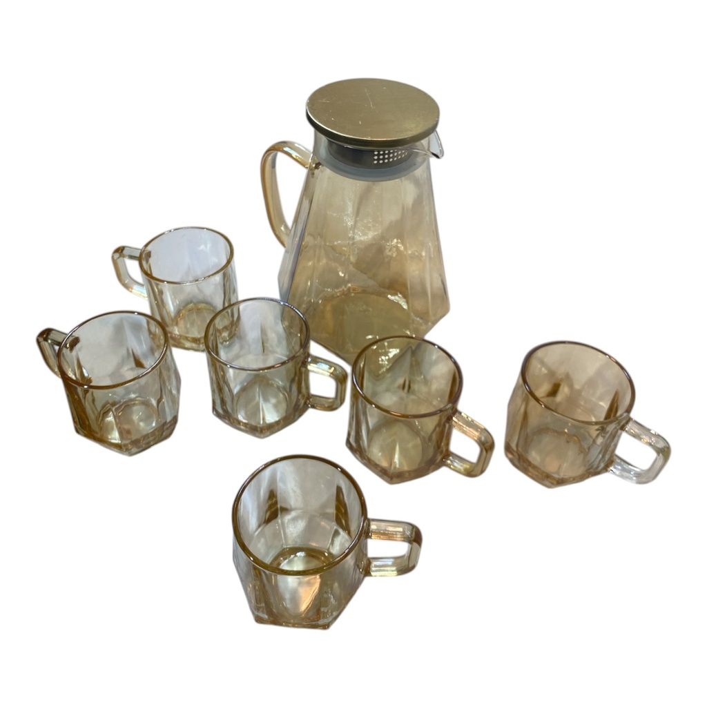 JARRO DE VIDRIO CON VASOS COLOR AMBAR 2LT.