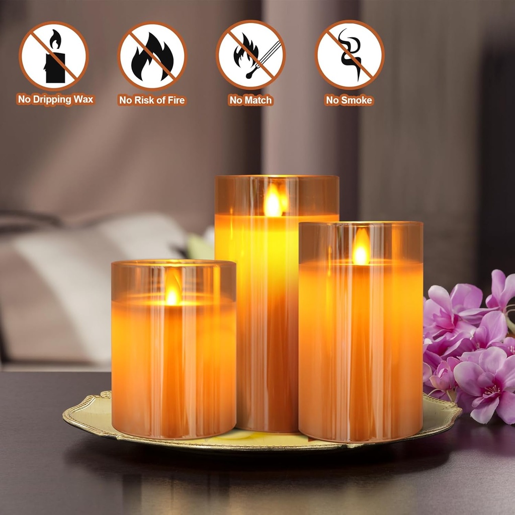 SET DE 3 VELAS LED AMBAR CANDELABRO, A PILAS 3A"X3 C/U, 10,13,15CM Ø:8CM C/U - A CONTROL REMOTO