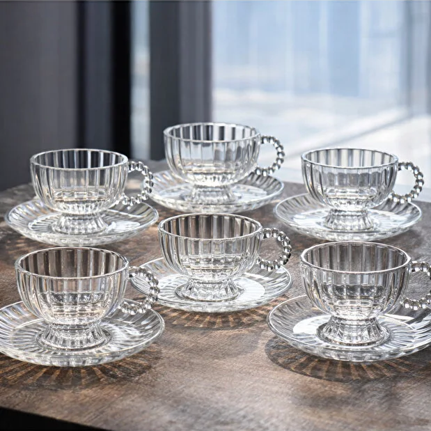 SET DE 6 TAZAS CON PLATO VIDRIO TRANSPARENTE 12PZS. 210ML
