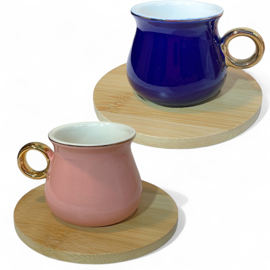SET X 6 TAZA CERAMICA 5.5X8.5CM CON PLATO BAMBU 11CM 