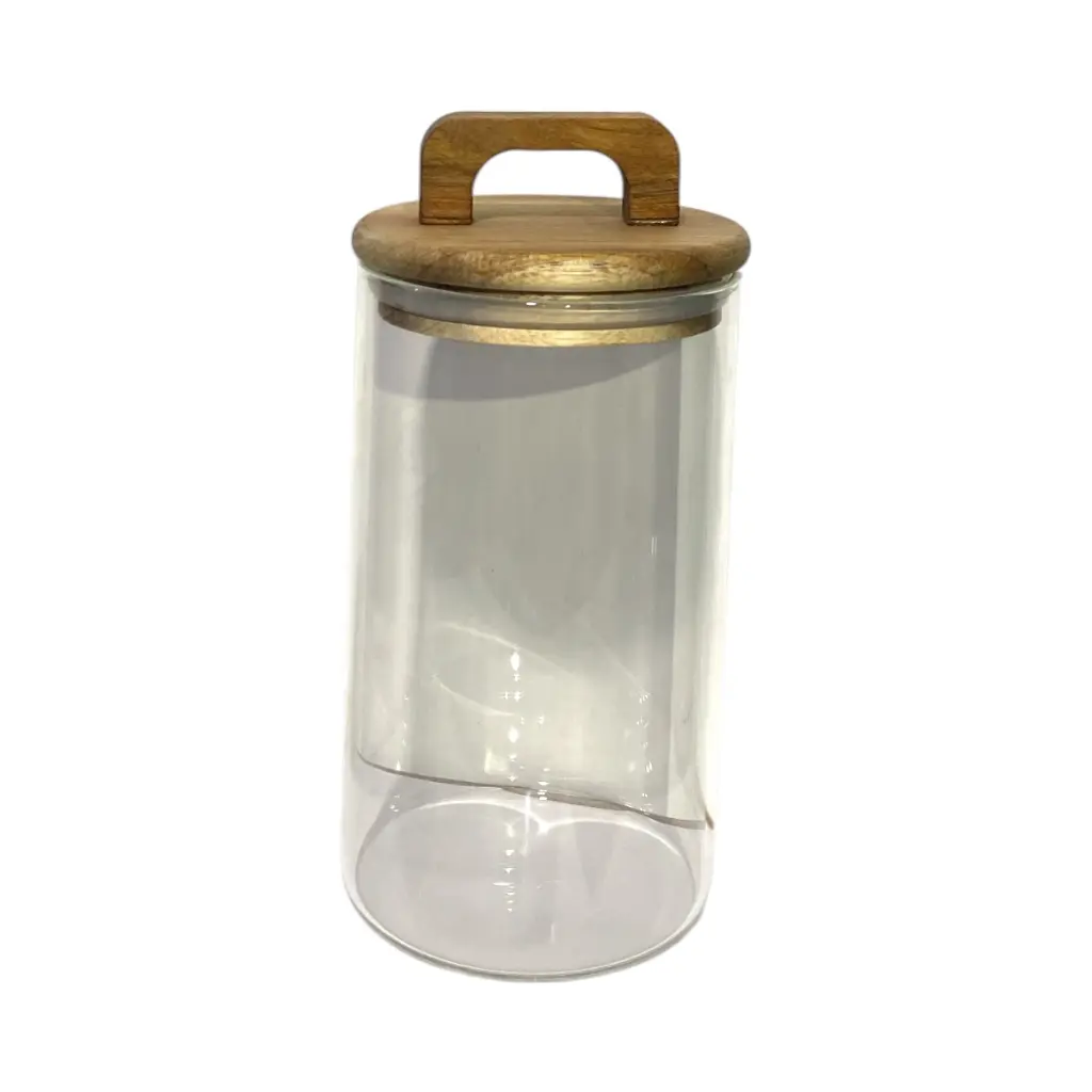 FRASCO DE VIDRIO CON TAPA DE MADERA HERMETICOS 9X19CM 600ML