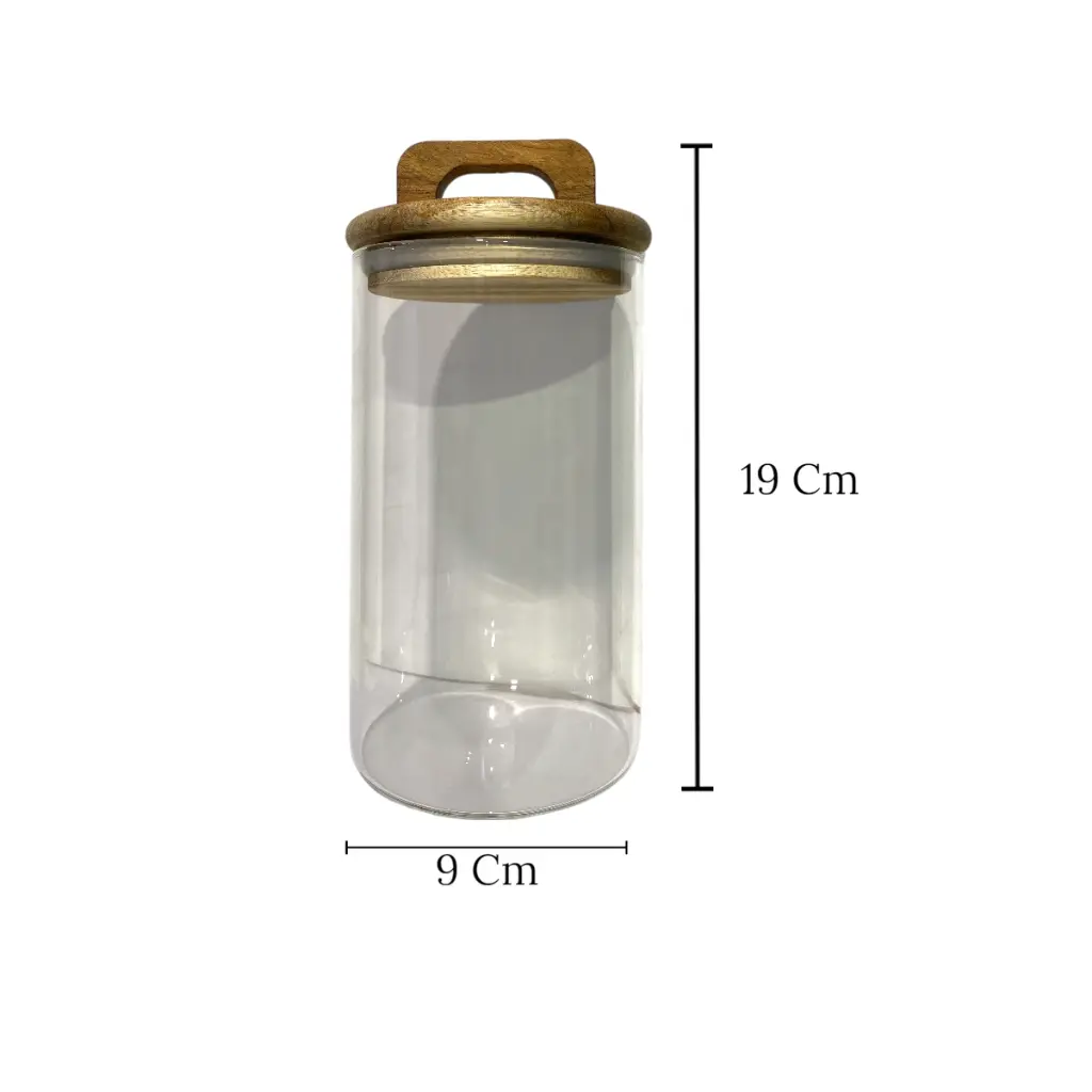 FRASCO DE VIDRIO CON TAPA DE MADERA HERMETICOS 9X19CM 600ML