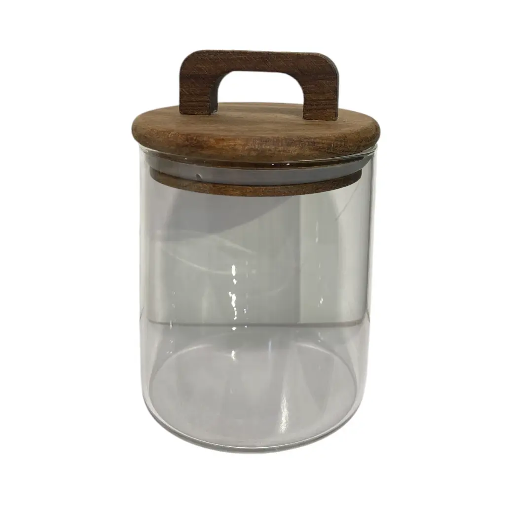 FRASCO DE VIDRIO CON TAPA DE MADERA HERMETICOS 9X19CM 600ML