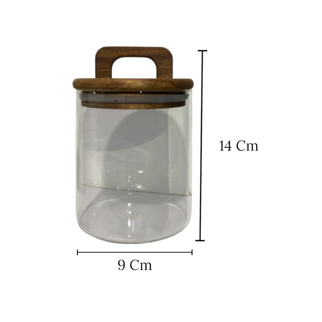 FRASCO DE VIDRIO CON TAPA DE MADERA HERMETICOS 9X19CM 600ML