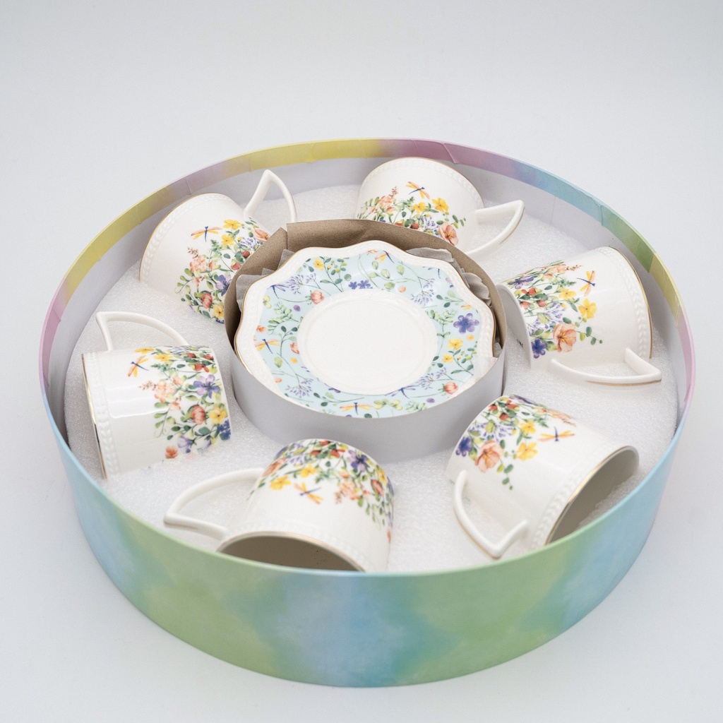 JUEGO DE 6 TAZAS CON PLATO FLORAL CERAMICA X12PCS. 200ML