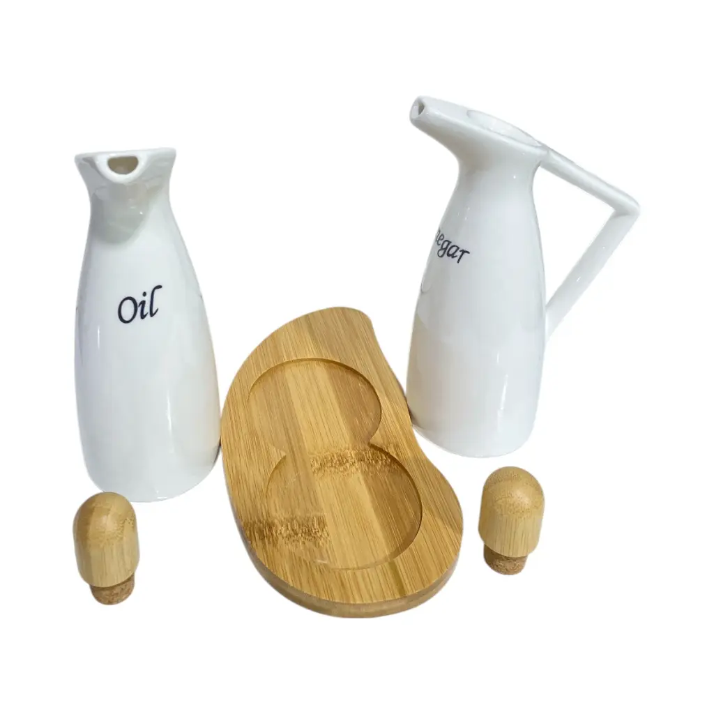 SET DE 3PCS ACIETE Y VINAGRE DE CERAMICA CON BASE DE BAMBOO 20X10X21CM