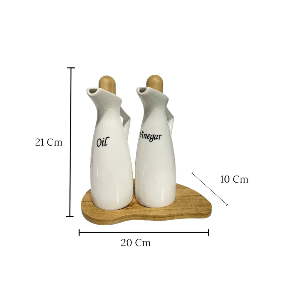 SET DE 3PCS ACIETE Y VINAGRE DE CERAMICA CON BASE DE BAMBOO 20X10X21CM