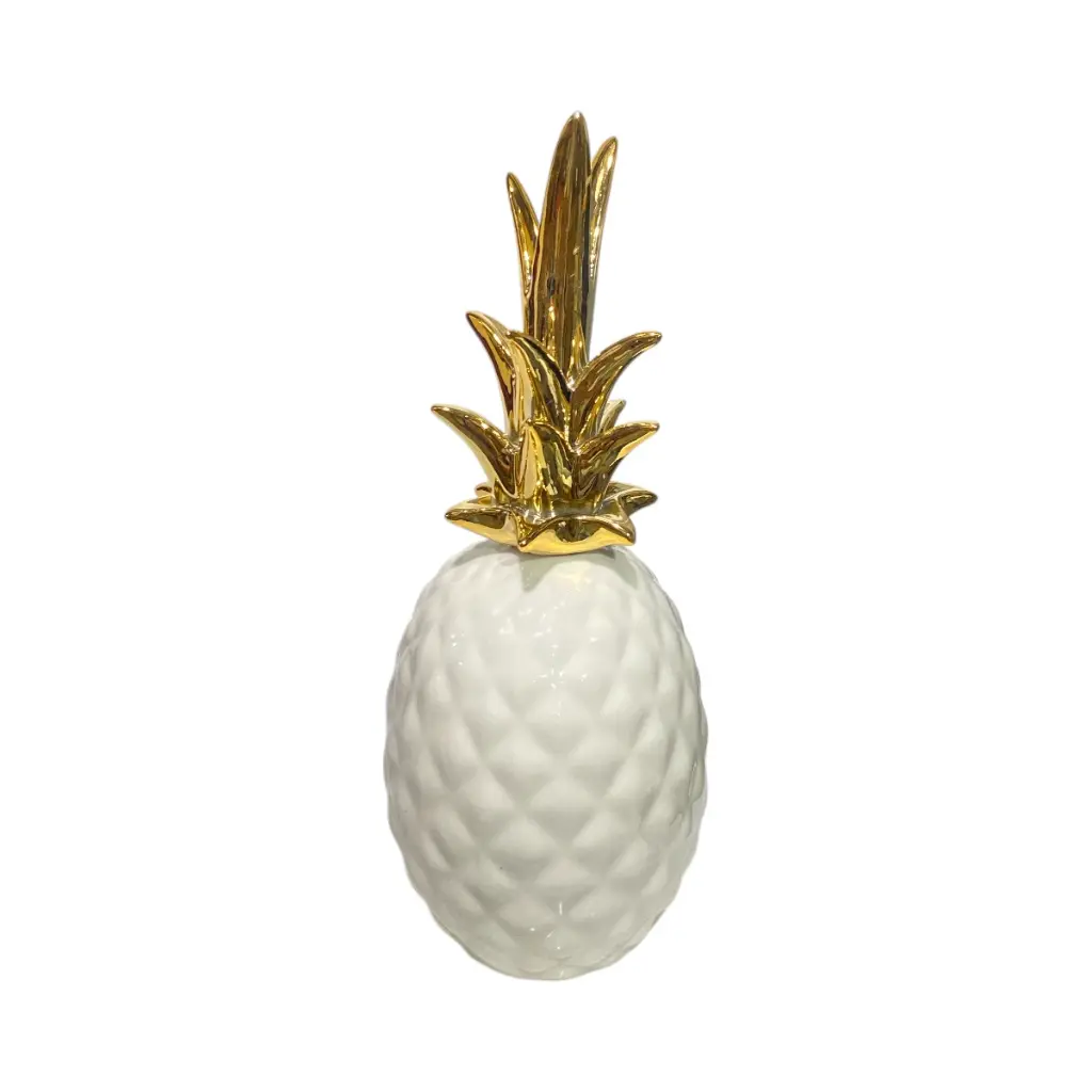 Piña Decorativa de Cerámica Blanca y Dorada, Estilo Nordico Moderno, Centro de Mesa Elegante para Sala y Oficina, 12x30Cm.