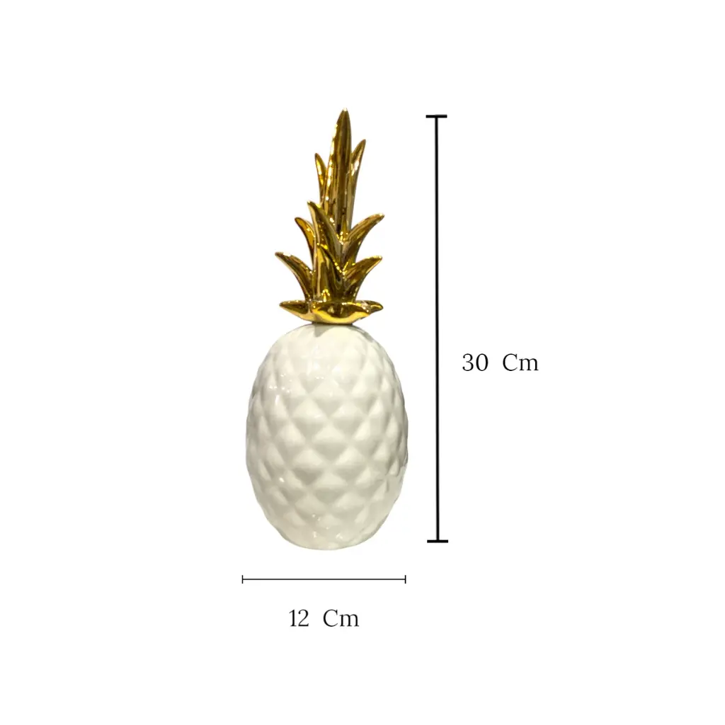 Piña Decorativa de Cerámica Blanca y Dorada, Estilo Nordico Moderno, Centro de Mesa Elegante para Sala y Oficina, 12x30Cm.