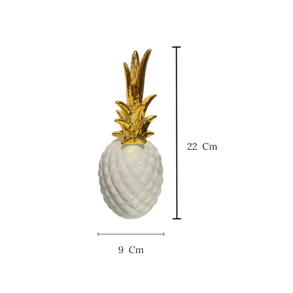 Piña Decorativa de Cerámica Blanca y Dorada, Estilo Nordico Moderno, Centro de Mesa Elegante para Sala y Oficina, 12x30Cm.