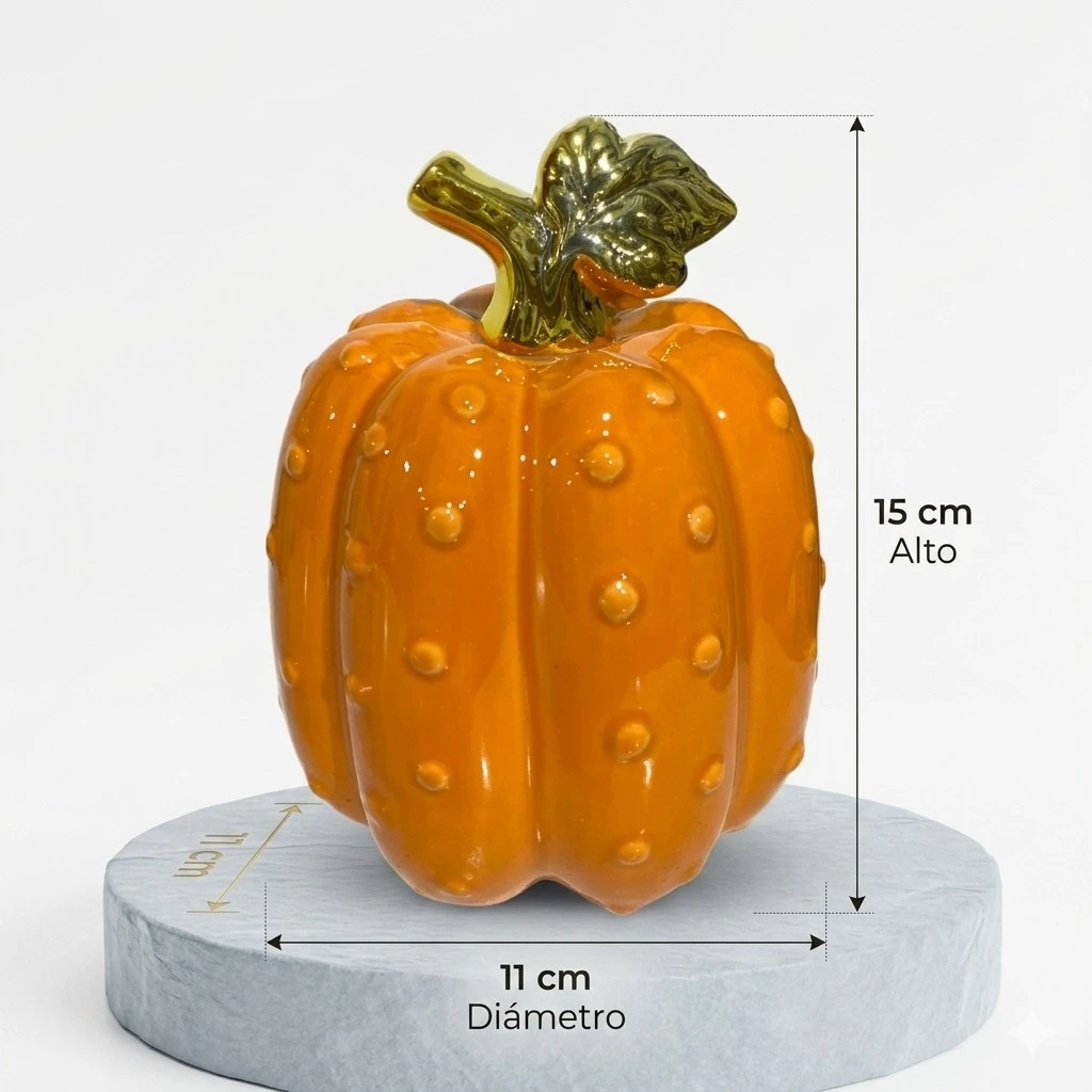 Calabaza Decorativa de Cerámica Premium Brillante con Tallo Dorado, 11x15Cm