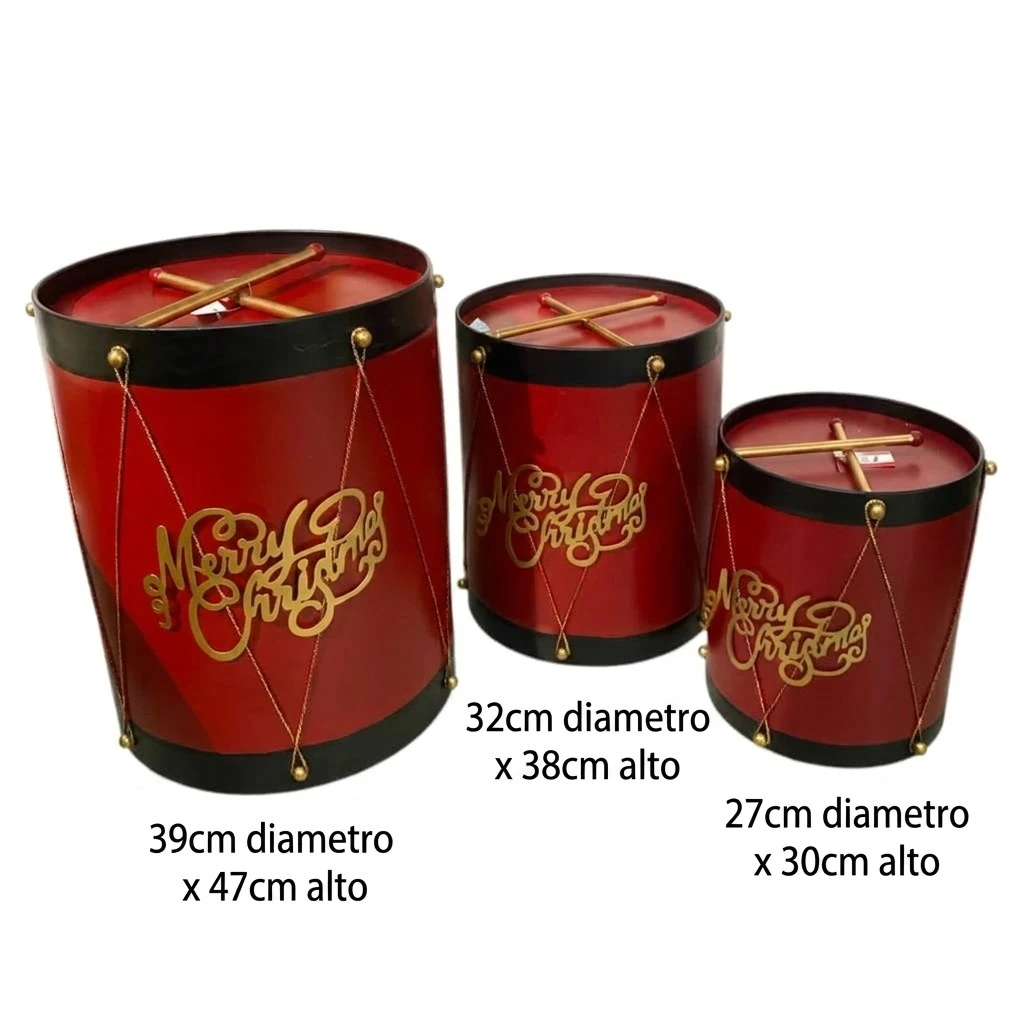Tambor Metálico Navideño Setx3pcs. Rojo vino 39x47cm, 32x38cm, 27x30cm