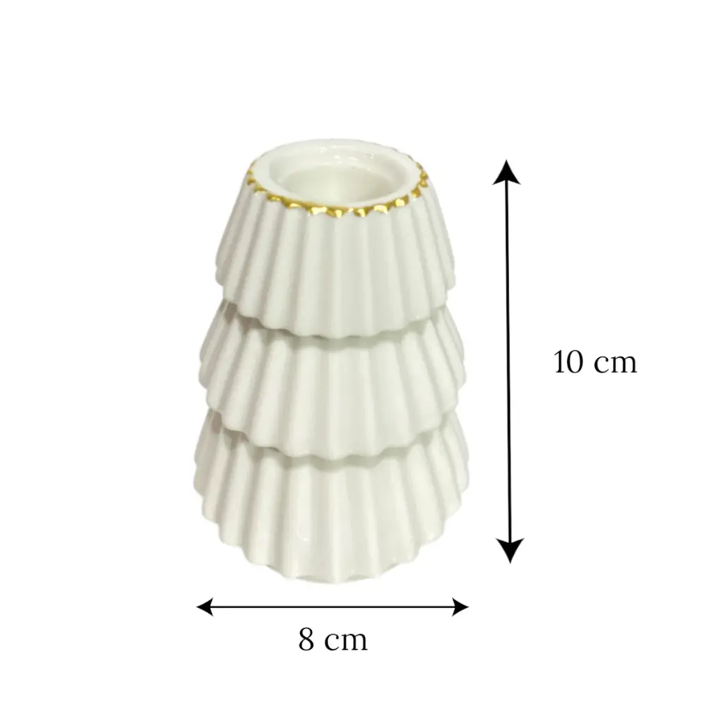 Candelabro de Ceramica Blanco filos dorado forma de arbol, 8x10cm