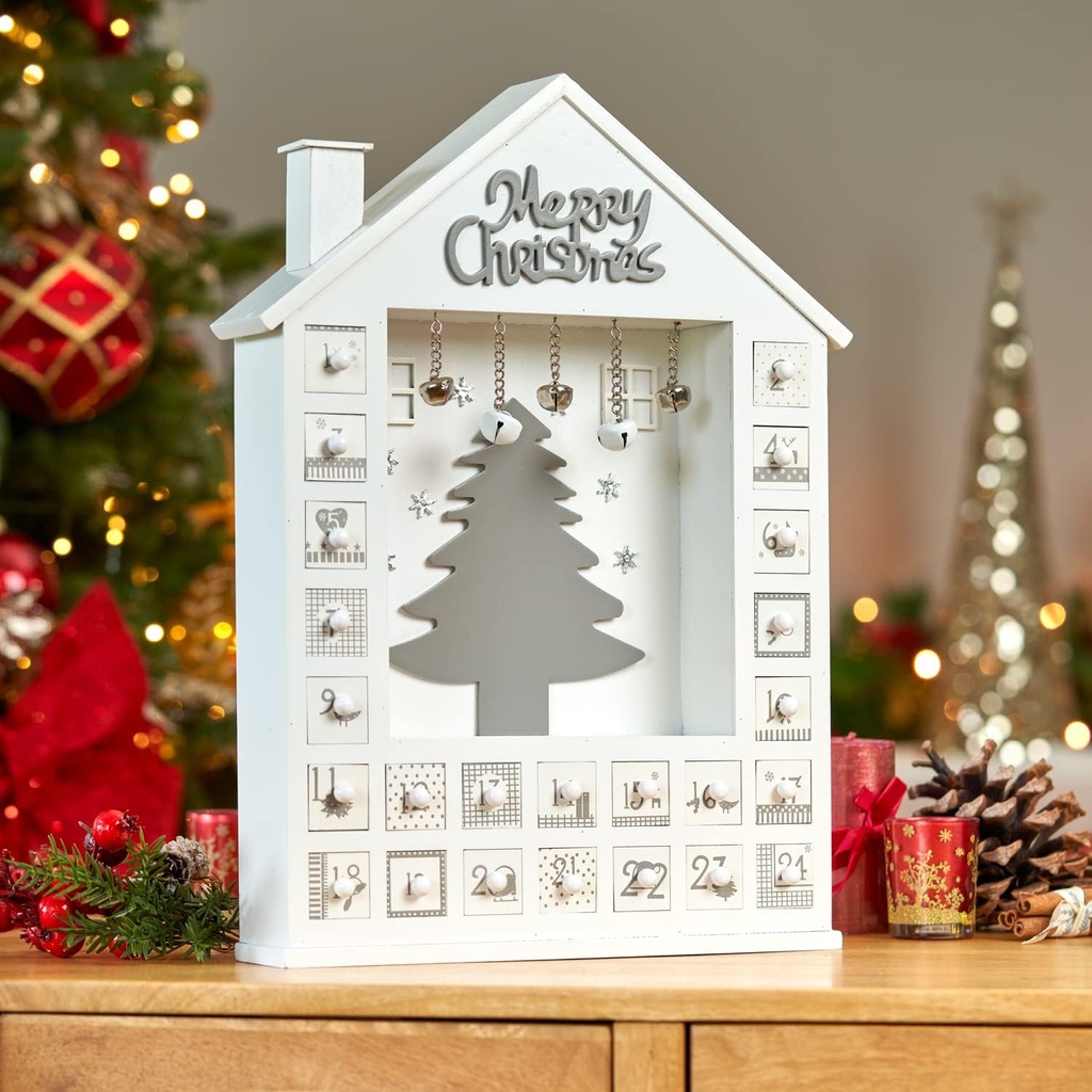 CALENDARIO NAVIDEÑO CASA DE MADERA ARBOL BLANCA 31X6X43.5CM