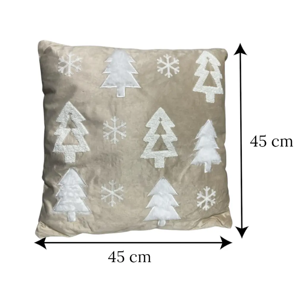 Chojín Navideño Champagne afelpado con diseño de Arboles y copos de nieve. 45x45cm