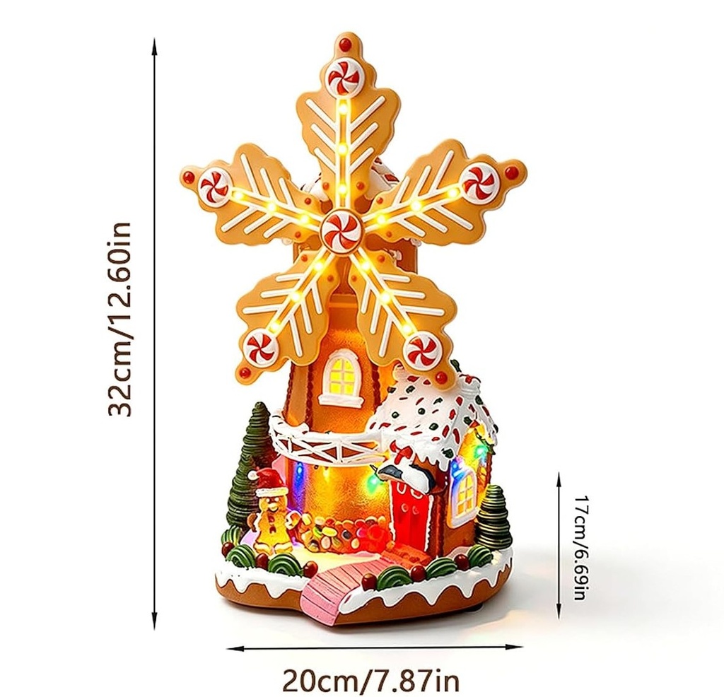 Molino Galleta de Jengibre Poliresina, con luz y musical, USB. 19x15x32cm