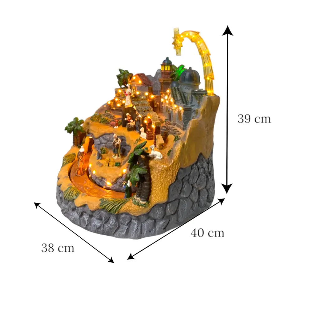 Villa con Nacimiento escena completa con luz, musical y movimiento USB, Poliresina. 38x40x39cm