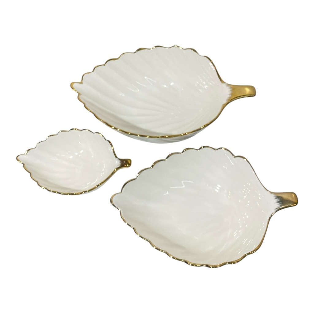 SET DE 3 POZUELOS DE CERAMICA BLANCO FILO DORADO 32X20X9CM, 26X17X7CM, 19.5X12X6CM.