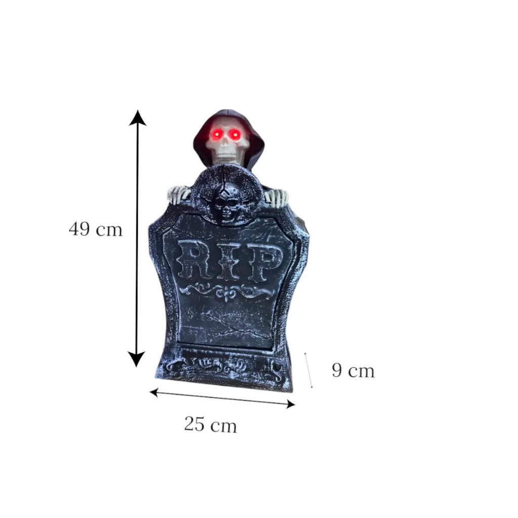 Fantasma en lapida Halloween con movimiento, luz y sonido. 3 AA BT. Ref:ES30139. 25x9x49cm