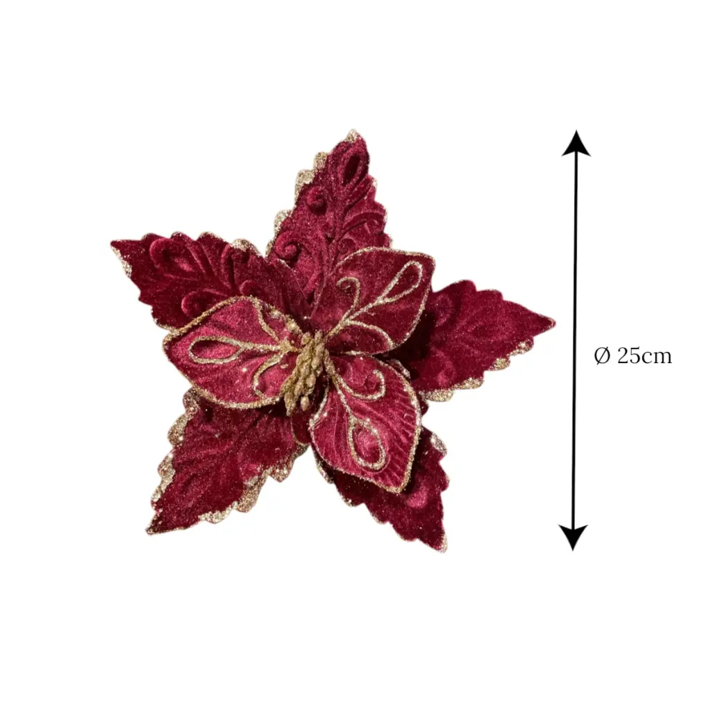 Flor Navideña Terciopelo Borgoña con dorado. Ø25cm. Ref:ES29517