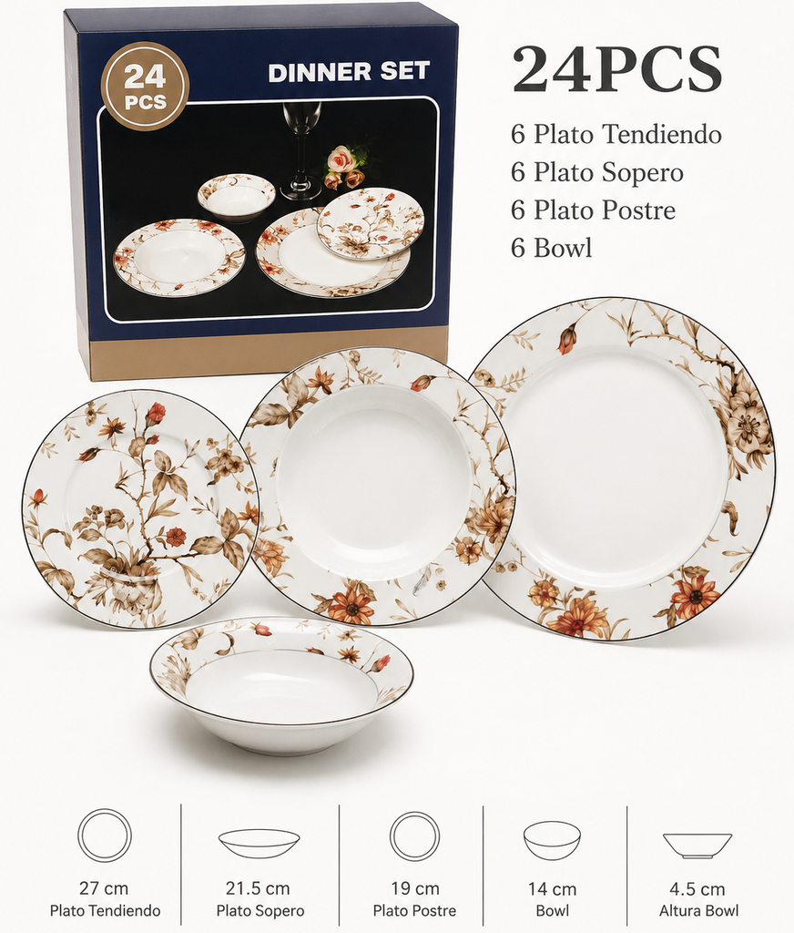 Juego de vajilla otoñal de porcelana 24pzs, 6 puestos.